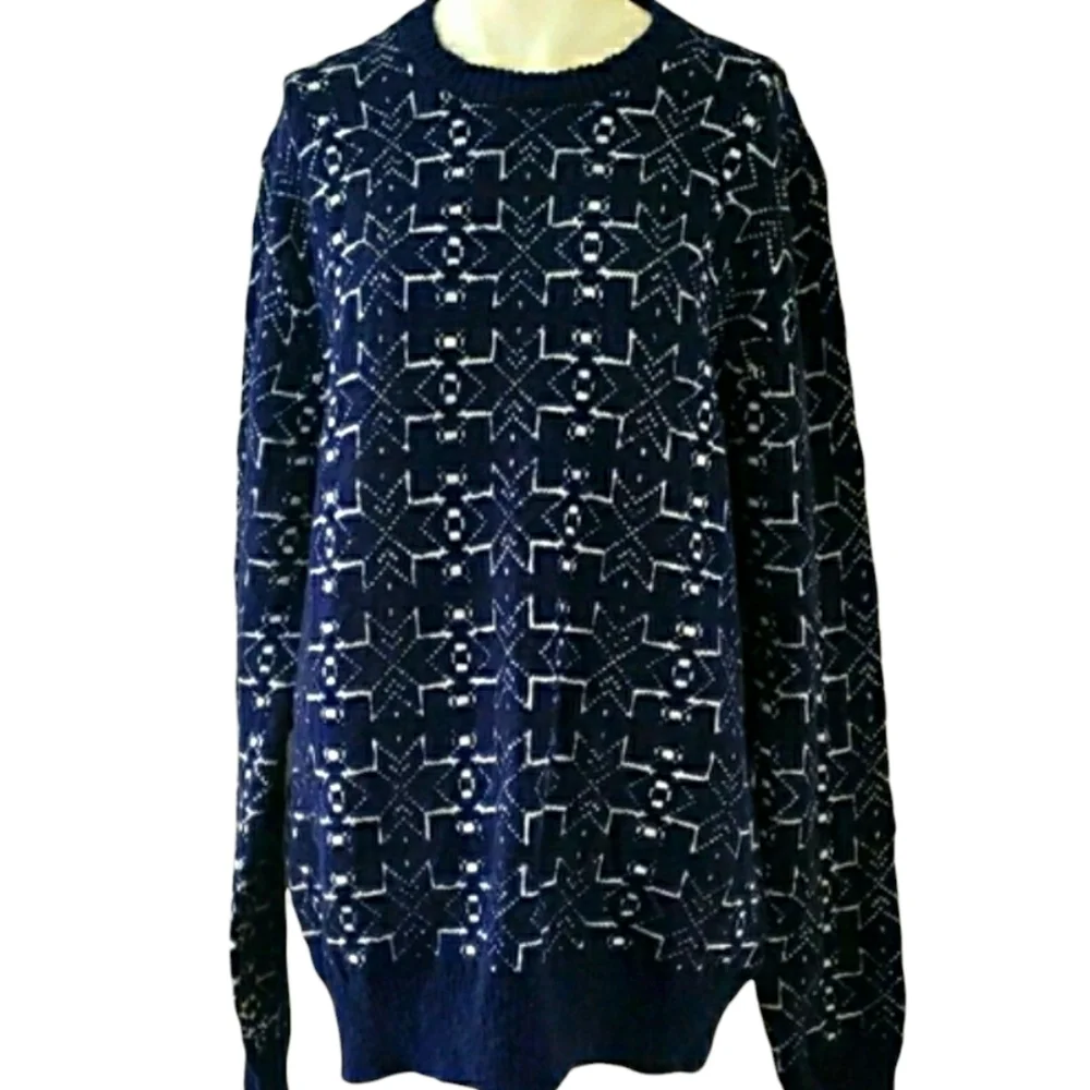 French Connection Mens Crewneck Cotton Sweater Blue with White Snowflakes